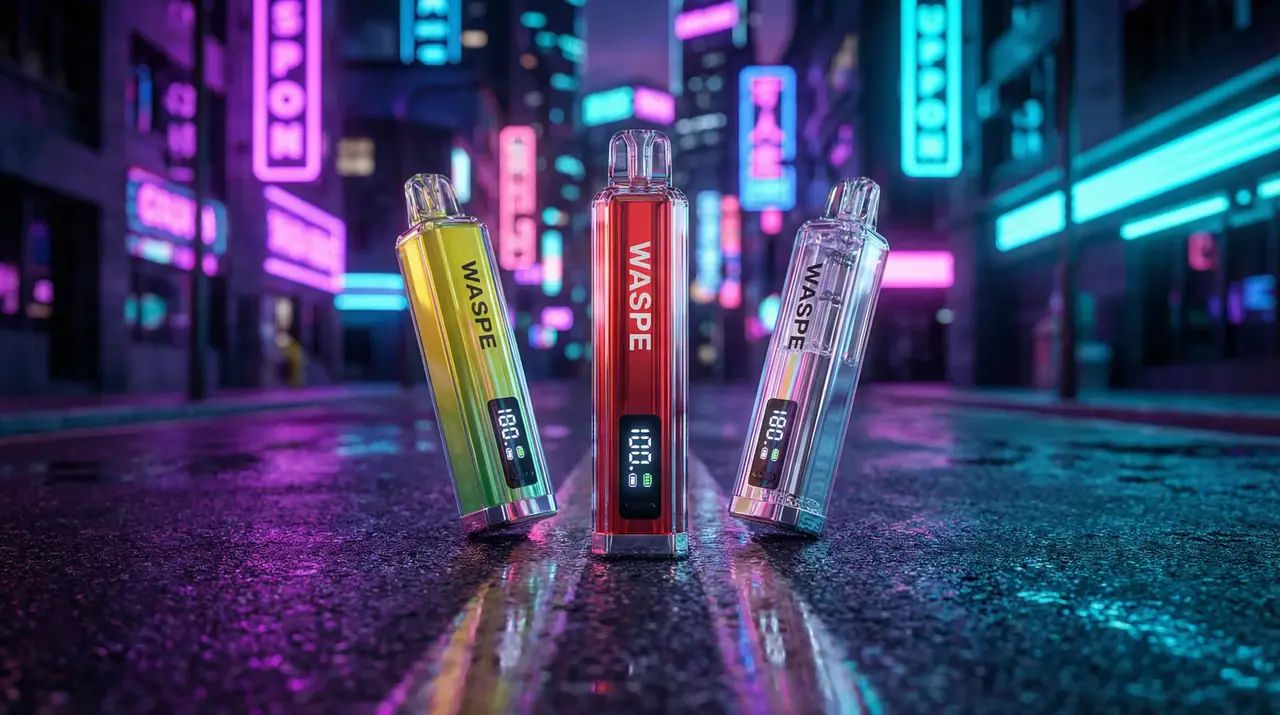 Vapers WASPE iluminados con luces de neón en una calle nocturna